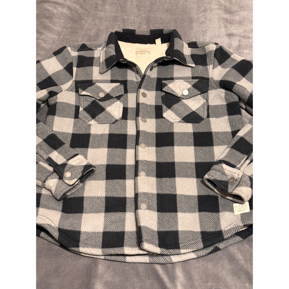 Weatherproof Vintage Kids Grey Black Buffalo Plaid Sherpa Fleece Shirt Jacket M